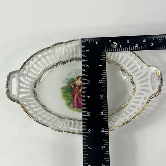 German Porcelain Trinket Dish Victorian Couple Farming Lattice Reticulated Bowl - Picture 6 of 9